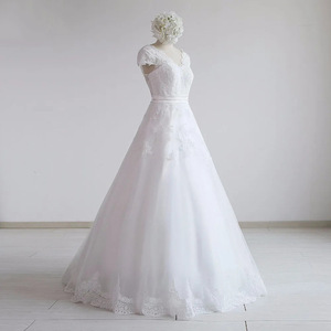 French Style Wedding Dress A-Line V-Neck Tulle White Bridal Gown Floor Length Simple Elegant Reception Dress - Product Image 4