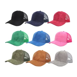 Wholesale Premium Plain Suede Mesh Trucker Hat Custom Logo 5 Panel Structured Snapback Cap