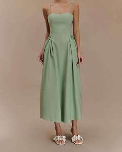 Robe en coton et lin pour femmes sur mesure Bretelles spaghetti Sans manches Avec poches Robe midi plissée élégante A-lien - Product Image 1