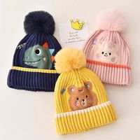 Chapeau chaud en laine pour enfants unisexe avec protection du cou, motif de dinosaure mignon en tricot jacquard, pompon, automne/hiver