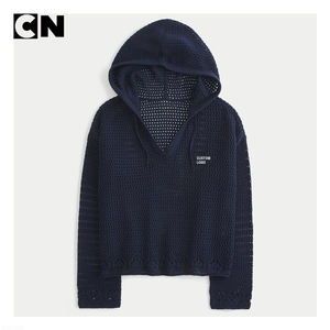 Suéter con Certificación GRS, Fabricante de Suéteres, Diseño Personalizado con Logotipo, Suéter de Mujer con Capucha, Cuello en V, Estilo Crochet, Calado, de Algodón y Poliéster - Product Image 4