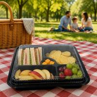 Conteneur alimentaire multi-compartiments écologique en gros avec couvercle, boîte à bento noire en PP, réutilisable et empilable pour la préparation des repas