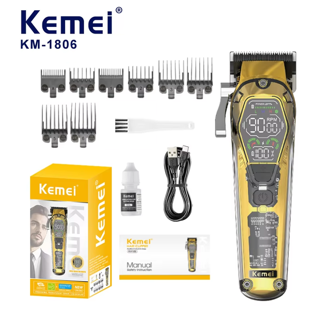 Kemei Km-1806 Salon Men Hair Clipper 9000RPM Adjustable Stainless Steel Blade 2000mAh Transparent Body Hair Trimmer CE Wholesale