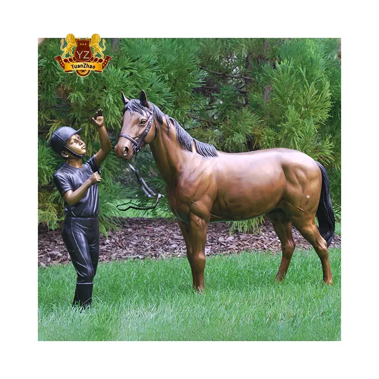Figurine en métal pour l'extérieur, décoration de jardin, haute qualité, taille réelle, Bronze moulé, Statue de garçon et de cheval, Sculpture