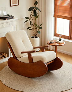 Sillón mecedora retro de madera maciza con otomana, conjunto de sillón reclinable tapizado en pana para sala de estar - Product Image 5