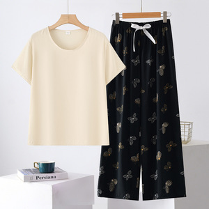 Ensemble de vêtements de nuit en coton et soie pour femmes, manches courtes, imprimé floral, coupe ample, pyjama d'été, pantalon court, col rond - Product Image 2