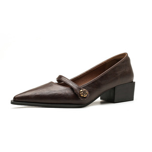 Chaussures Mary Jane à bout pointu, talon bloc, doublure en cuir, couleur unie, décoration florale, escarpins pour femmes, talon moyen 3cm 5cm - Product Image 5