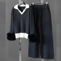 Nouveau design personnalisé Ensemble de 2 pièces en tricot pour femmes Pull en cachemire avec pantalon à cordon en fourrure de renard