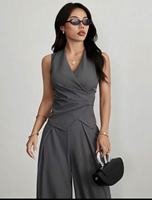 Elegante Conjunto de Dos Piezas para Mujer, Top Blanco sin Mangas con Cuello en V y Pantalones Anchos de Cintura Alta, Traje de Oficina para Negocios