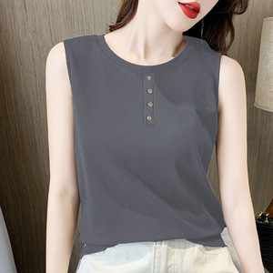 Women Sleeveless Vest White Solid Color Buttons Micro Elasticity Summer Casual Wear Base Layer Top - Product Image 4