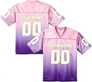 Maillot de football américain rose et violet dégradé par sublimation, vente en gros d'usine, personnalisable avec nom et numéro d'équipe pour club sportif, commande en gros - Product Image 1