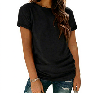 T-shirt décontracté pour femme, col rond, manches courtes, coupe classique, 100% coton jersey, respirant, couleur unie - Product Image 1