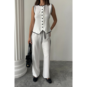 Conjunto de chaleco y pantalón de lino con bordes ribeteados en blanco para mujer, talla S - Product Image 4