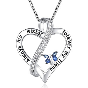 Ciondolo a Cuore 'Sempre Mia Sorella, Per Sempre Mia Amica' in Lega di Zinco Placcato Argento con Zircone Blu, Regalo per Donna - Product Image 1
