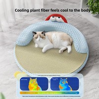 Tapis rafraîchissant double face pour animaux de compagnie, motif crabe de dessin animé mignon, avec oreiller de soutien cervical en U en rotin tressé, coussin de couchage d'été pour chats et chiens