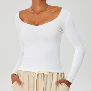 Top de fitness de manga larga ligero y transpirable para mujer, cuello en V convertible y hombros descubiertos, ajustado para exteriores - Product Image 4