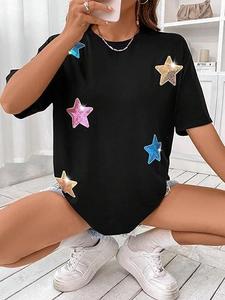 T-Shirt nere da donna di nuovo arrivo su tutto con <span class=keywords><strong>paillettes</strong></span> ricamate a maniche corte con scollo rotondo con motivo a stelle e <span class=keywords><strong>paillettes</strong></span> personalizzate t-Shirt - Product Image 5