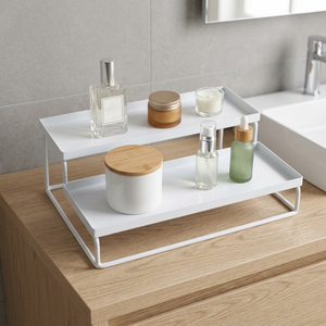 Minimalist Double Tier <b>Metal</b> Storage Rack Rectangular Standing Type for Bathroom Sundries Stackable Design <b>White</b> Finish - Product Image 6