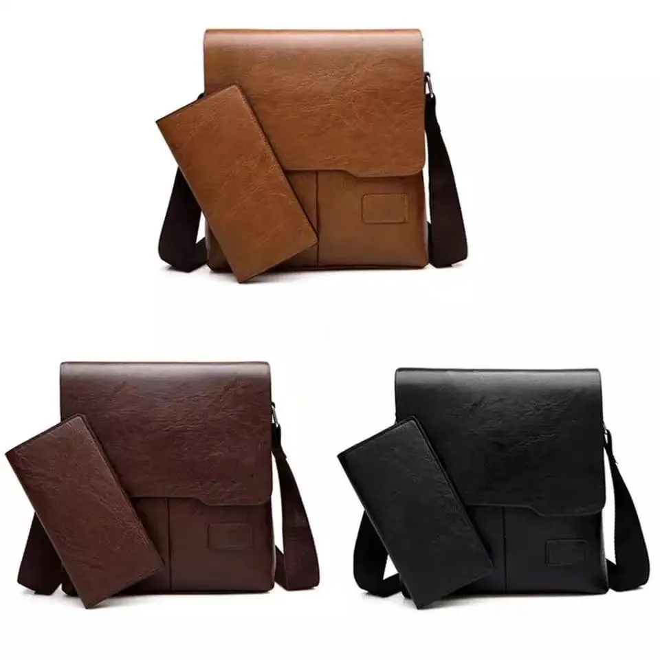 Business china Classic Fashion Crossbody Bag PU Leather Black Messenger Wallet Men Sling Bag Handbags purse Set