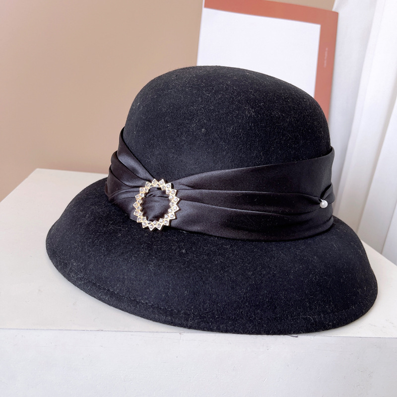 Elegant Black wool  Hat with Rhinestone Buckle Accessories | Elegant Black Wool Hat With Rhinestone Buckle  main image 3