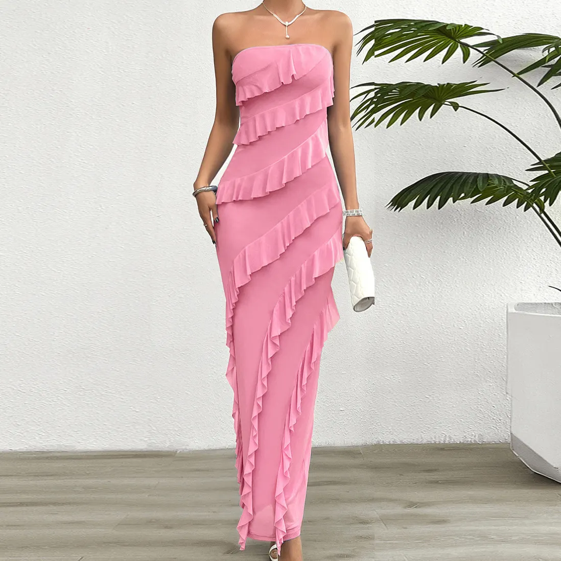 Women's Summer sexy Long Formal Cocktail Dress 2024 Strapless tube Asymmetrical mesh Ruffle Maxi Bodycon Dresses