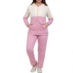 Women Color Blocking Hooded Tracksuit Full Sleeve Zipper Front <b>Sweatshirt</b> With Side Pockets <b>Pink</b> And Cream Casual Wear Autumn - Product Image 1