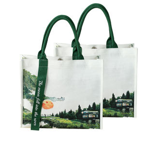 Bolsa de compras de lona de algodón liso reciclable con logotipo personalizado impreso paisaje poesía y pintura estilo pastoral - Product Image 6