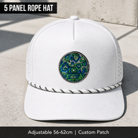 Op maat gemaakte logo witte 5-panel touwhalmpet met platte klep, snapback baseballcap, geborduurde tribale patch, unisex, groothandel, OEM, lage minimale bestelhoeveelheid