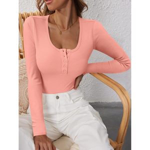 Camiseta Henley de manga larga para mujer, de punto acanalado, ajustada, informal, para otoño - Product Image 4
