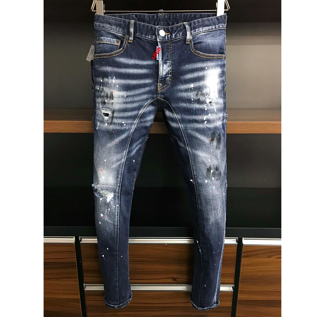 2023 Summer Hot Sale Denim Pants Male D2 Jeans Washed White Full Stripe Broken Patch Slightly Elastic Small Foot Casua