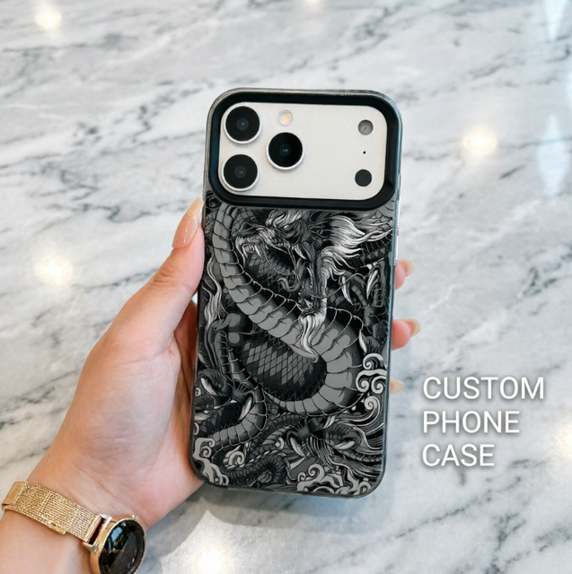 Black Line Art Chinese Dragon Pattern TPU Case with Angel Eye Lens Frame, Shockproof Cover for iPhone 17 16 15 14 13 Pro Max