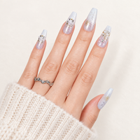 Ongles à presser style Noël 32 pièces, forme cercueil longue, paillettes argentées, flocons de neige, perles et strass, pour les meilleurs fournisseurs