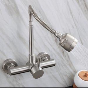 Robinet de cuisine mural en acier inoxydable à double trou avec pulvérisateur et bec rotatif pour évier - Product Image 2