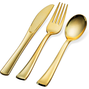 Gold Plastic Silverware Set, Disposable Flatware, Heavyweight Cutlery, Silver Luxury Spoon Fork Knife For Wedding Party CL019