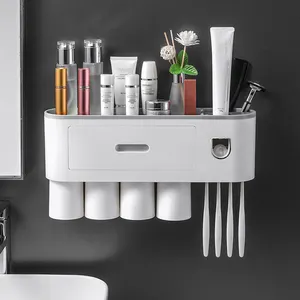 Wall Mounted Toothpaste Dispenser Case 4 Cups Toothpaste Rack Toothbrush Wall Mount In Shower Toothbrush Holder