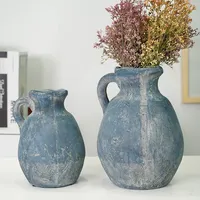 Vintage rustik pişmiş toprak tek kolu yuvarlak kavanoz mat yuvarlak çiçek sürahi vazo ev dekor lüks çömlek vazolar