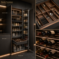 Meubles de cuisine modernes personnalisables OEM/ODM, en acier inoxydable laqué noir brillant, avec plan de travail en marbre, prêts à assembler (design plat)