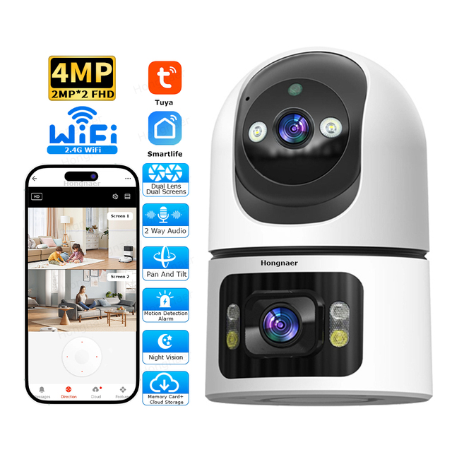Hongnaer 2/4MP HD Night Vision Indoor Wireless PTZ IP Camera Smartlife Tuya Dual Lens 360 WiFi Security CCTV Surveillance Camera