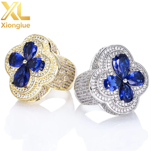 Men's Trendy Hiphop Customize <b>Ring</b> Copper Gold Plated Four Leaf Princess Cut Zircon Green Red Gemstone Flower <b>Iced</b> - Product Image 5