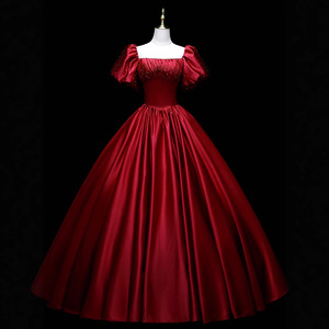 Red Satin Ball Gown Off The Shoulder Puff Skirt Evening Dress Women Prom Dress - Product Image 1