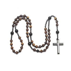 Supporto personalizzato religioso nero onice africano turchese ematite tigre pietra occhio di preghiera perline benedizione collana croce cristiana - Product Image 5