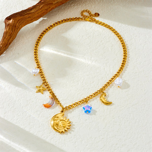 Sun And Moon Portrait Star Chunky Chain Pendant Gold Plated Stainless Steel Necklace For Women Gift - Product Image 3