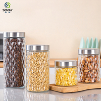 Pot en verre cylindrique gaufré, couvercle hermétique en acier inoxydable, pot en verre transparent pour le stockage des pâtes, des grains de café, des céréales