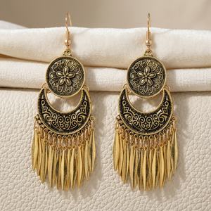 Kamishiro Earrings Retro <b>Silver</b> Tassel Earrings Crescent Carved Bell Jhumka Ear Drops Stainless Steel Electroplated Women's - Product Image 1