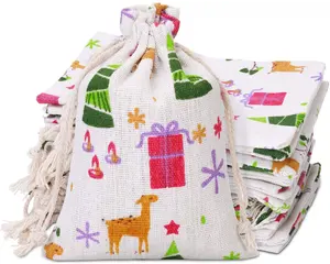 印花亚麻袋最新圣诞节日派对用品可重复使用拉绳糖果处理粗麻布袋圣诞礼品袋散装