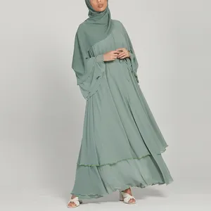Personnalisé en gros perles embellies en mousseline de soie longue couches ouverte abaya femmes robe musulmane 2023 dubai
