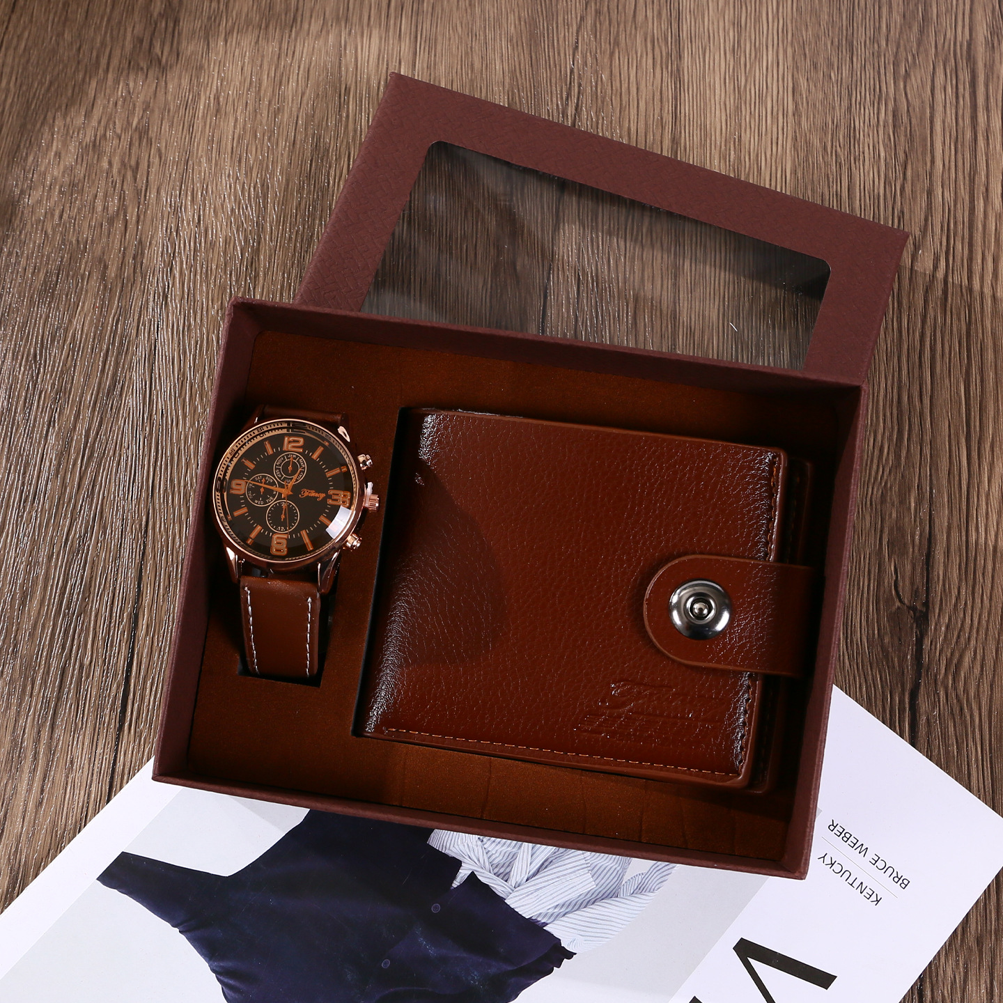 Confezione regalo per orologio con portafoglio marrone da 3 pezzi