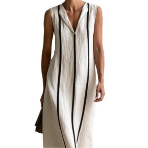 Abito <span class=keywords><strong>lungo</strong></span> dritto senza maniche in cotone e lino tinta unita con scollo a V, stile casual europeo-americano, per l'estate 2026 - Bestseller - Product Image 3