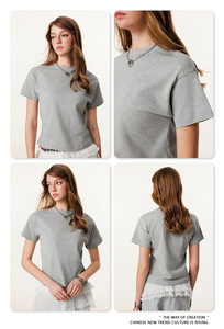 Summer American Style Fog Long <b>Staple</b> Cotton Neck Women's Casual Sports Short Sleeved Slimming Yarn Dyed Knitted T-Shirt - Product Image 4