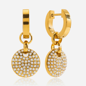 Pendientes de aro con colgante redondo de cristal en tono dorado, de acero inoxidable, para uso diario - Product Image 1